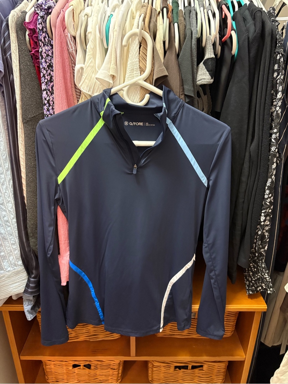 G/FORE Navy Womens Long-Sleeve Athletic Quarter-Zip Top with Bright Accents